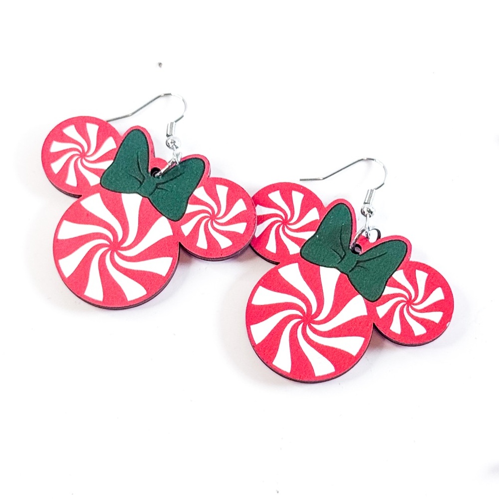 Holiday Peppermint Minnie Mouse Earrings with Green Bow - Picture 4 of 7
